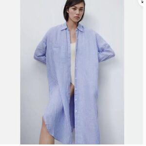 Zara 100% Linen Light Blue and White Striped Long Shirt Dress Size Small